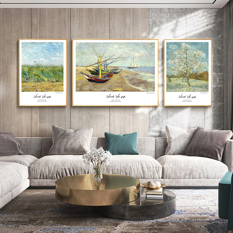 美式欧式梵高名画复刻客厅轻奢风景铝合金三联画沙发背景墙装饰画