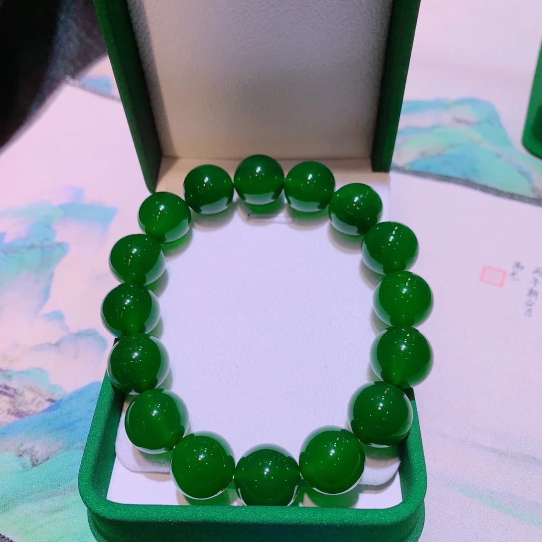 「霞姐珠宝」14mm天然绿玉髓男女款经典手串