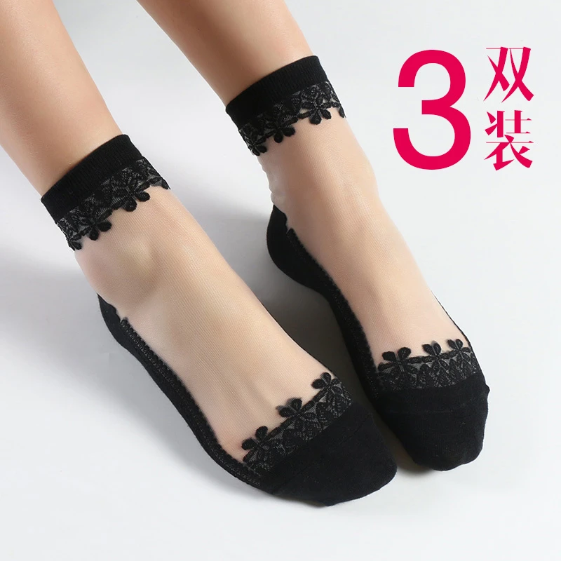 丝袜女水晶玻璃春秋季薄款纯棉底防勾丝透明耐磨防滑冰丝中筒袜子