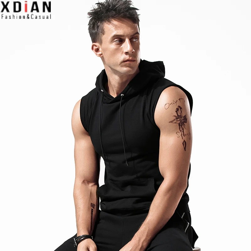 无袖t恤男士戴帽衫修身运动健身连帽背心棉质带帽t恤坎肩卫衣马甲