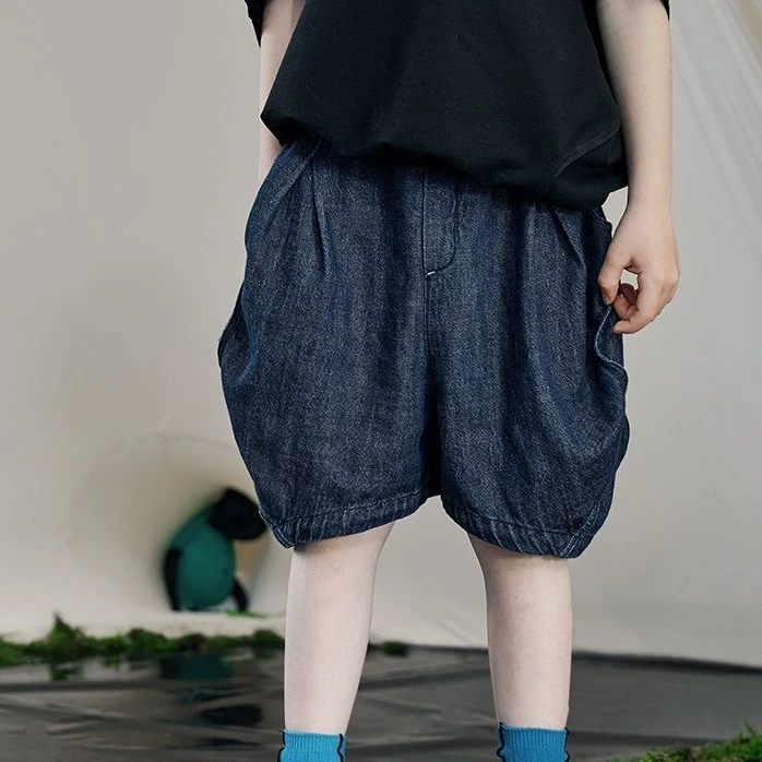 小日着童装夏季宽松透气纯棉五分灯笼牛仔短裤子TA2104N3