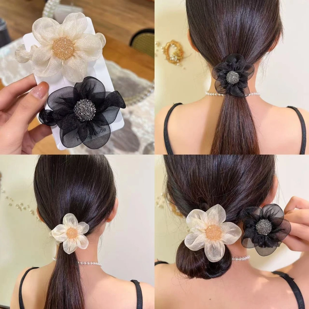 五金女孩网纱太阳花优雅气质马尾发圈丸子头头绳