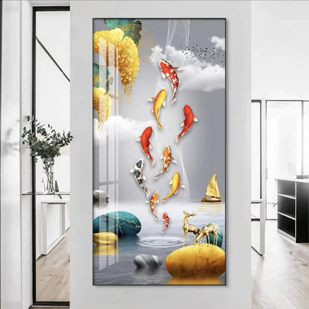 玄关画【九鱼图】晶瓷镶钻+铝合金边框 轻奢简约艺术墙面装饰画