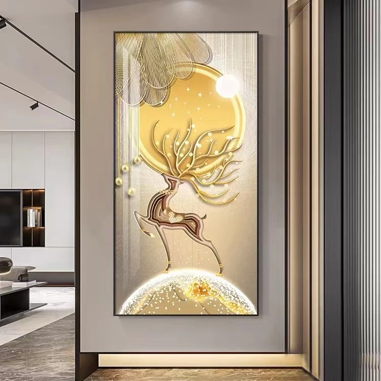 手绘立体描金玄关画【一路高升】晶瓷镶钻+铝合金边框手工简约正版