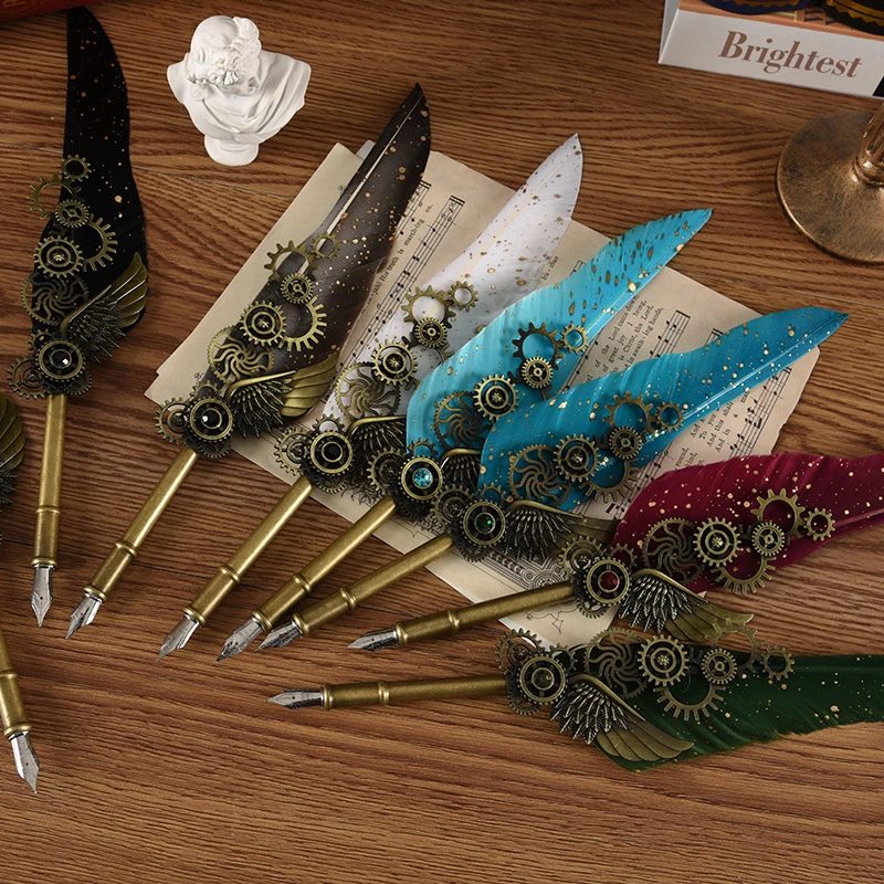 复古克苏鲁羽毛笔蒸汽朋克羽毛送兄弟男生生日礼物礼盒笔下小方钢