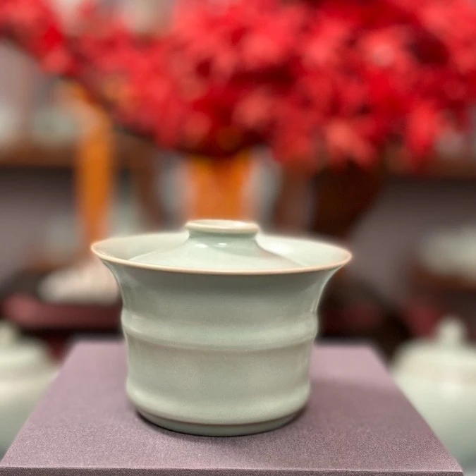 （匠工汝窑）清凉寺仿古釉 竹节两才盖碗 全手工制作