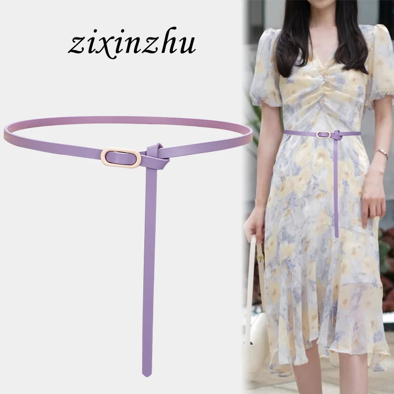 真皮女士细腰带装饰配西装连衣裙子百搭紫色粉色蓝色ins潮小皮带