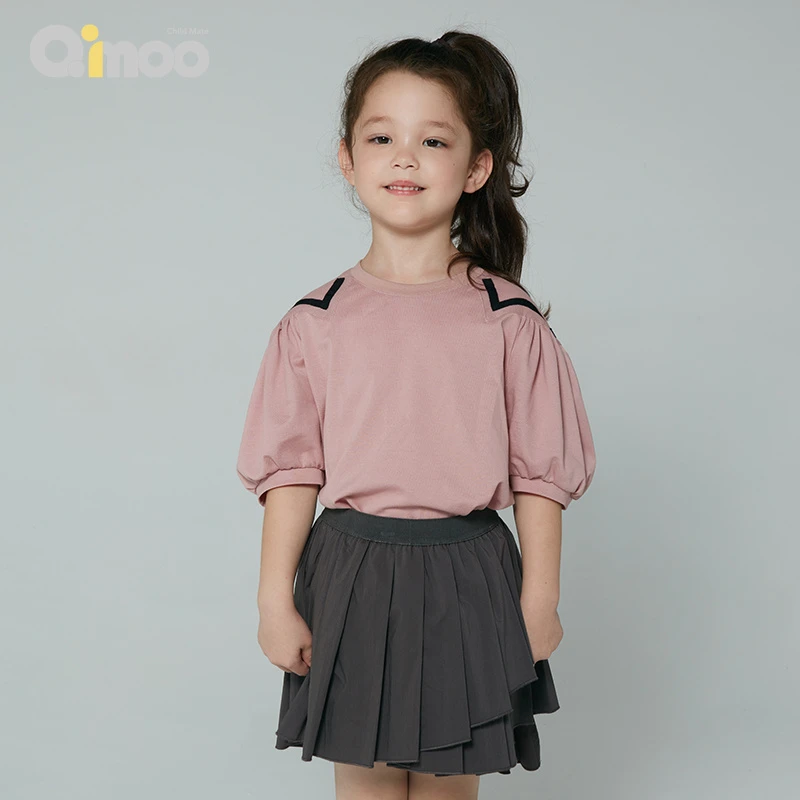 Qimoo 童装女童夏百搭短袖拼接泡泡袖条纹舒适宽松T恤 QYH2TC110A