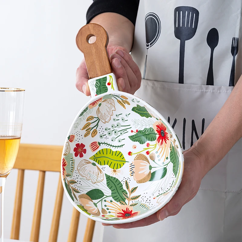 【比鹿】七彩云花手柄碗陶瓷水果碗特别好看的碗盘子冷面碗沙拉碗