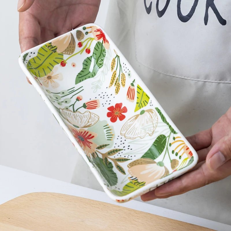 【比鹿】七彩云花盘子菜盘家用碟子创意汤盘陶瓷长方形小吃凉菜盘