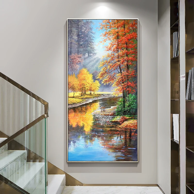 恒美手绘油画美式山水风景画入户走廊过道竖版挂画玄关装饰画小鹿