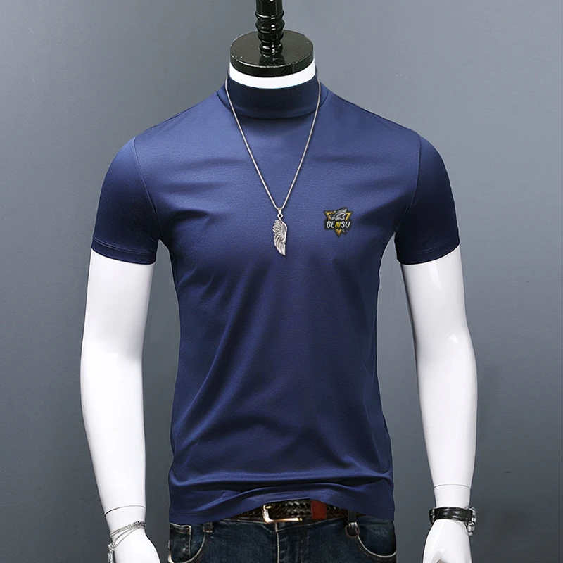 半高领短袖T恤男秋冬季时尚男士加绒内搭打底衫潮修身莫代尔体恤