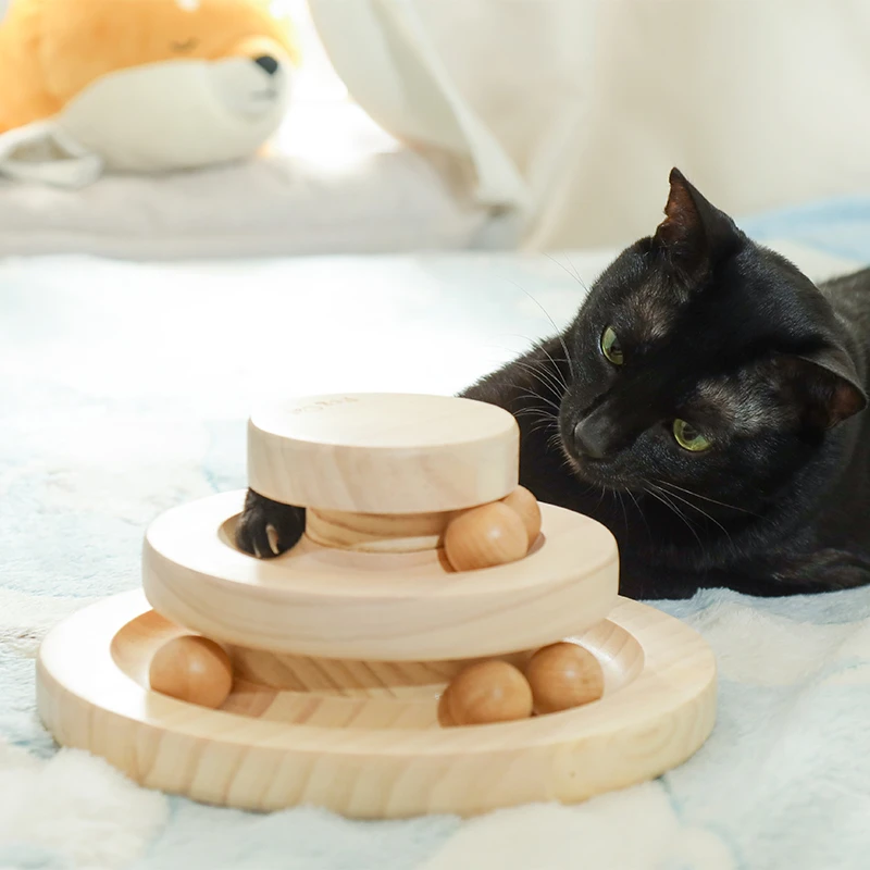 猫咪玩具三层实木猫转盘木质小球逗猫自嗨玩具宠物解闷神器猫抓球