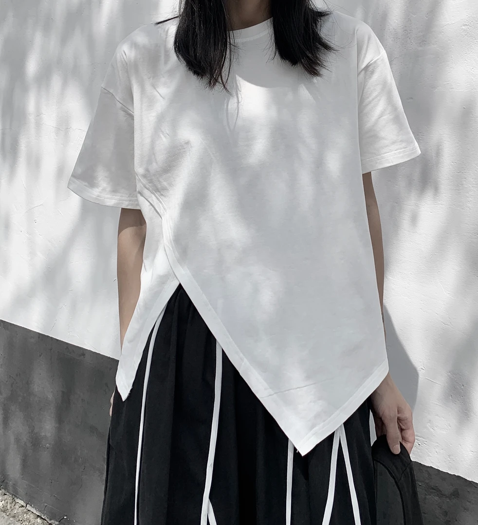 【晚李自制】不规则斜开岔下摆设计短袖T恤