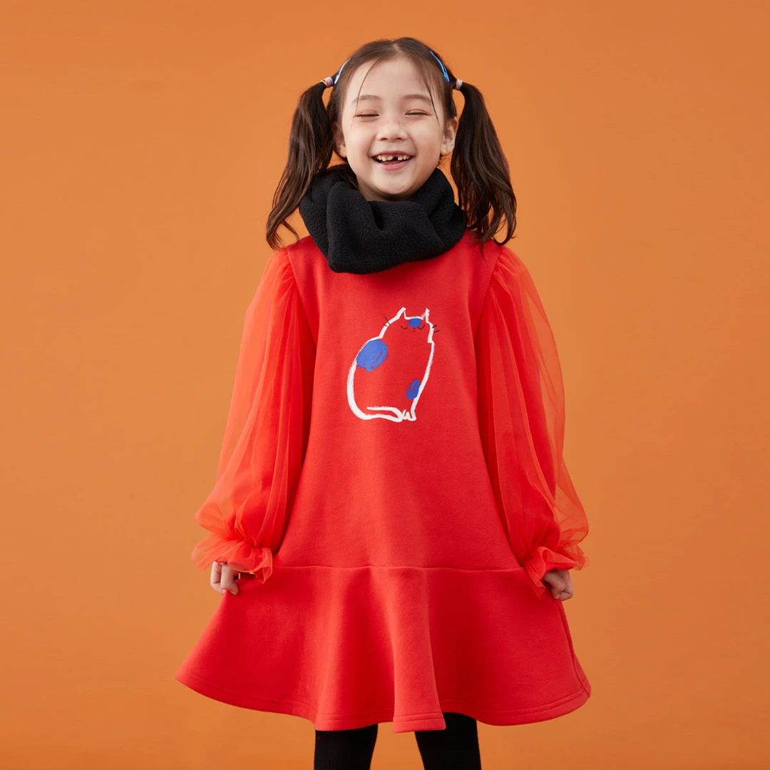 T4045秋冬装女童连衣裙长袖童趣印花可爱泡泡袖女孩加绒裙子