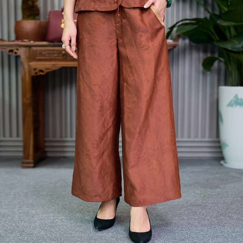 华族经典红云纱西装裤休闲裤女夏【花落西窗】高腰