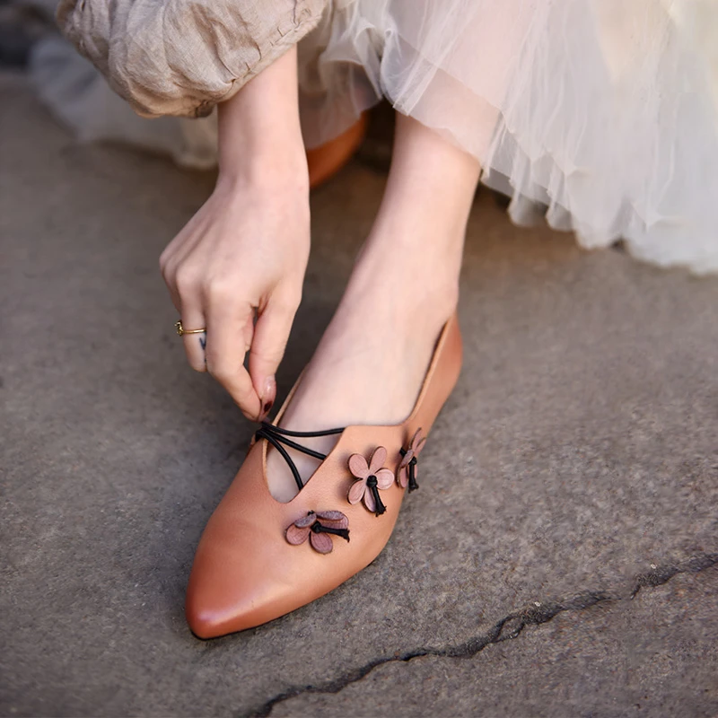 Artmu阿木原创复古森系花朵尖头浅口单鞋平底真皮女鞋子2688-2