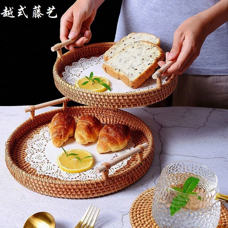 越南藤编托盘日式面包篮编织果盘水果点心篮子馒头筐竹编收纳零食