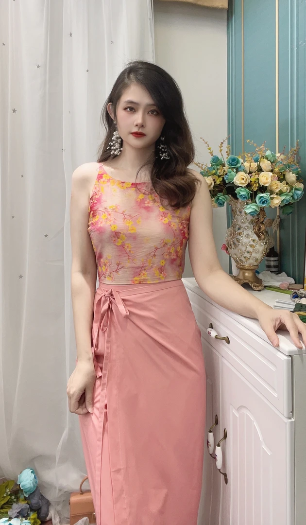 灰小猫夏季新款复古【小黄花】吊带背心上衣+一片裙套装女