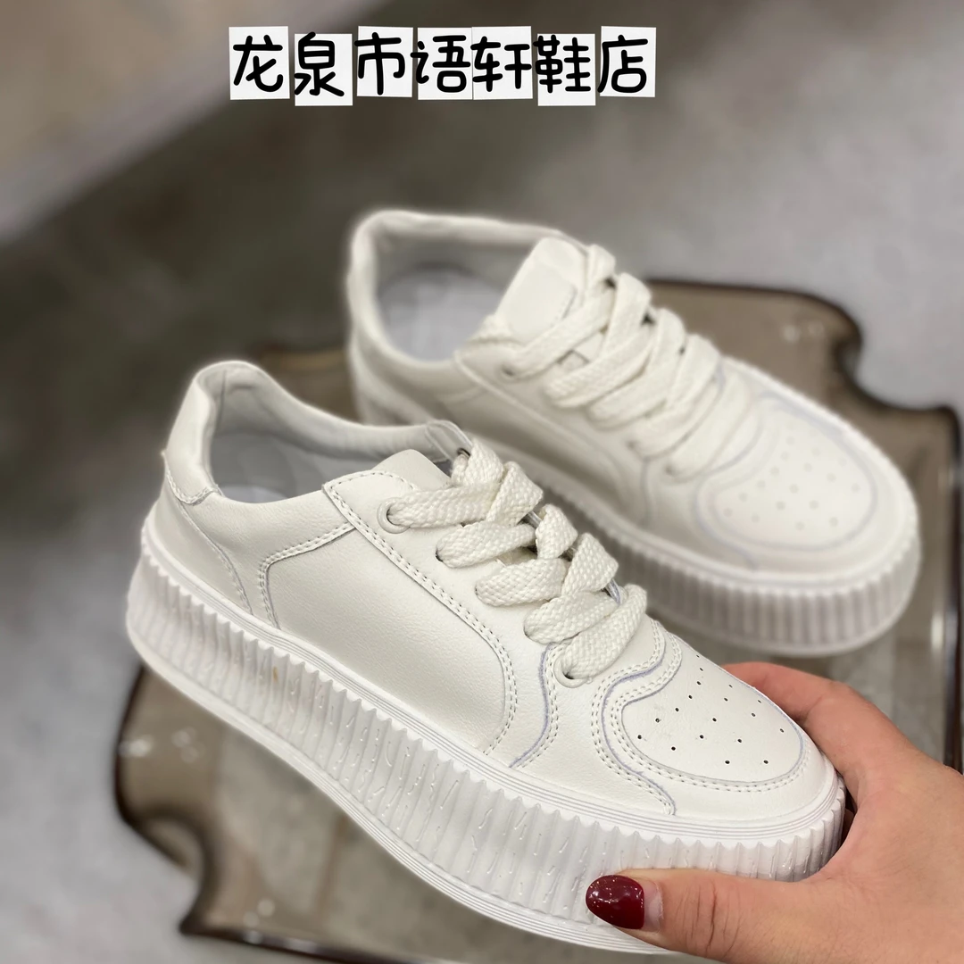 饼干鞋女牛牛厚底小白鞋2024夏季薄款圆头舒适软底系带休闲板鞋女