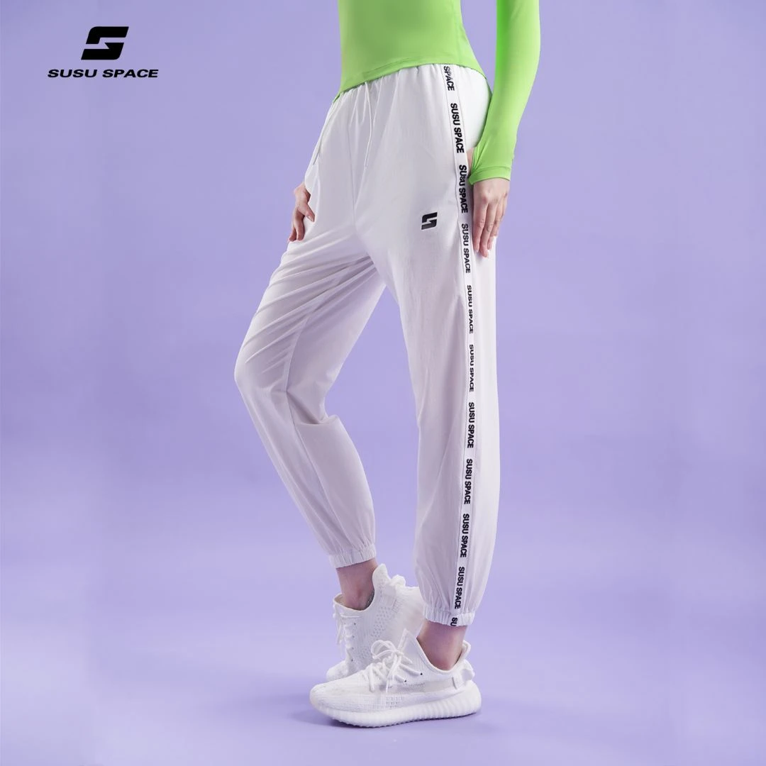 SUSU女夏季梭织白色薄款高腰透气宽松休闲裤速干瑜伽健身束脚裤25