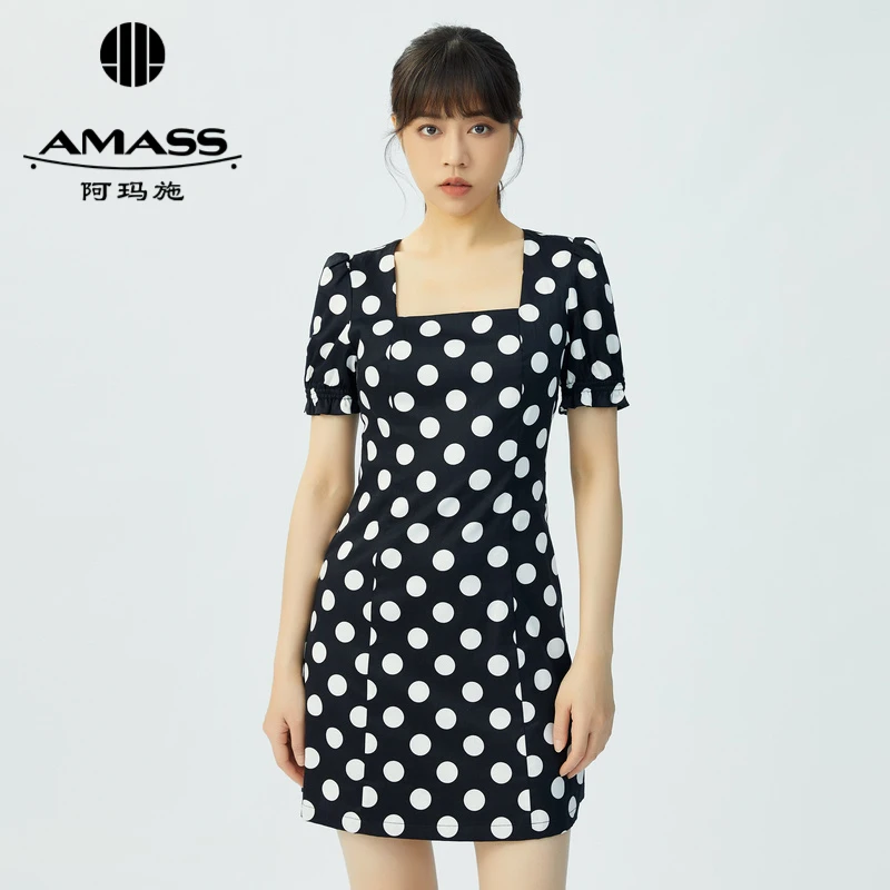 阿玛施AMASS新款女装质感高腰复古方领短袖减龄连衣裙短裙5500405