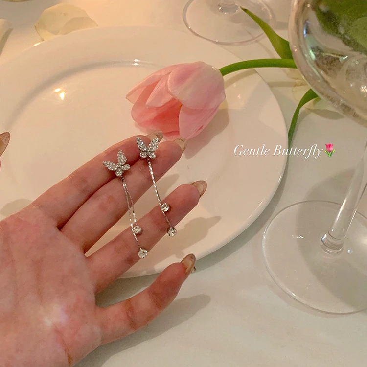 铜合金合成锆石耳饰 925银流苏蝴蝶一款双戴简约大气925银针耳钉