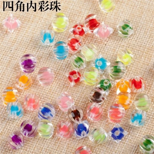 10mm亚克力夹心内彩四角珠西瓜珠diy手工串珠材料散珠子。