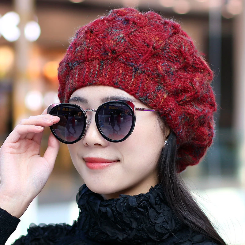 毛线帽子女冬天韩版加绒加厚防寒保暖帽女手工编织羊毛混纺针织帽