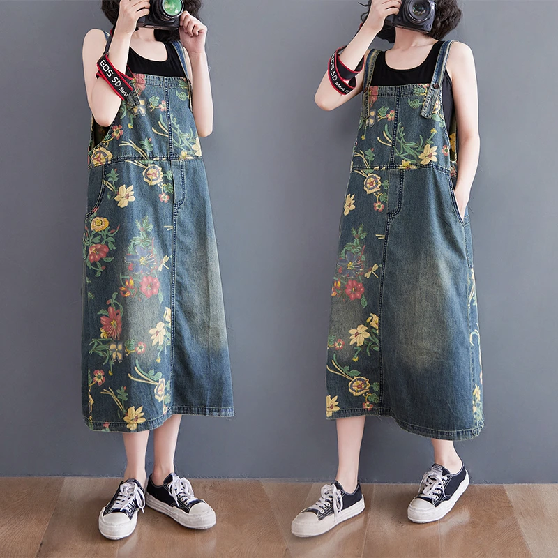 2025夏季新款文艺女装连衣裙大码休闲时尚印花宽松牛仔背带裙女