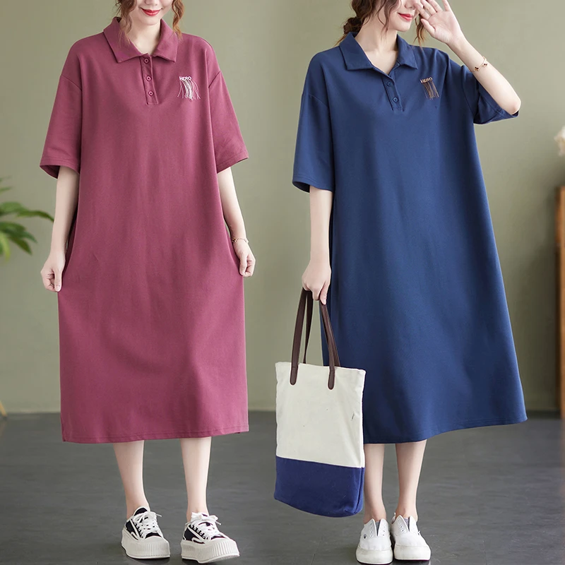 大码女装纯色连衣裙女夏装2024新款女士短袖中长款POLO领裙子休闲