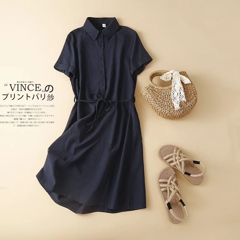 2025夏季新款棉麻衬衫连衣裙中长款收腰显瘦短袖