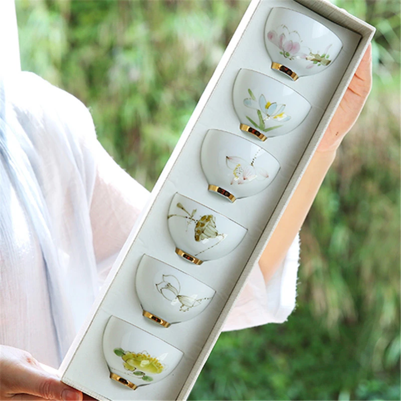 景德镇手绘品茗杯羊脂陶瓷家用白瓷茶具小茶杯6只装杯子功夫茶杯