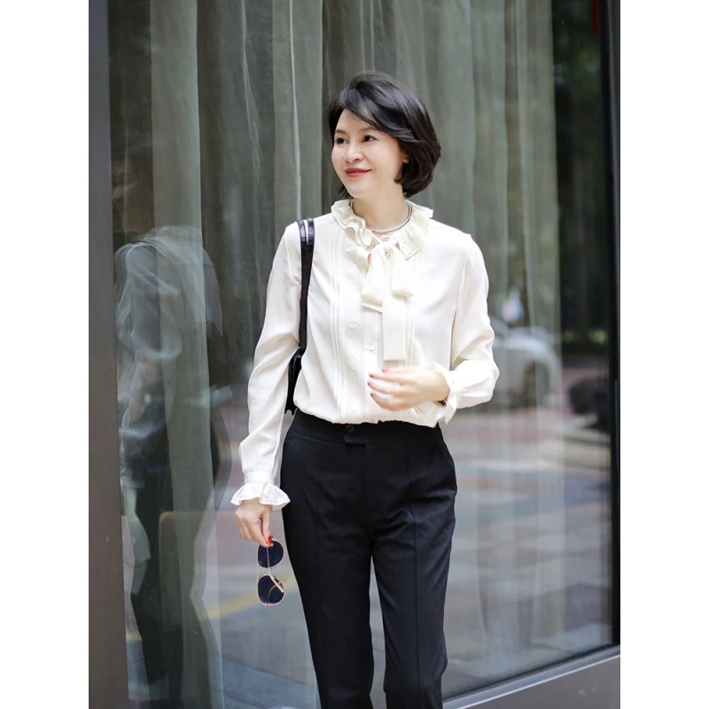 我是摩羯 口碑款白衬衫 宫廷风100重磅真丝飘带长袖秋衬衫上衣