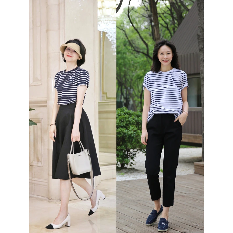 我是摩羯 清爽海风 经典海魂衫刺绣百搭条纹圆领短袖棉夏T恤上衣