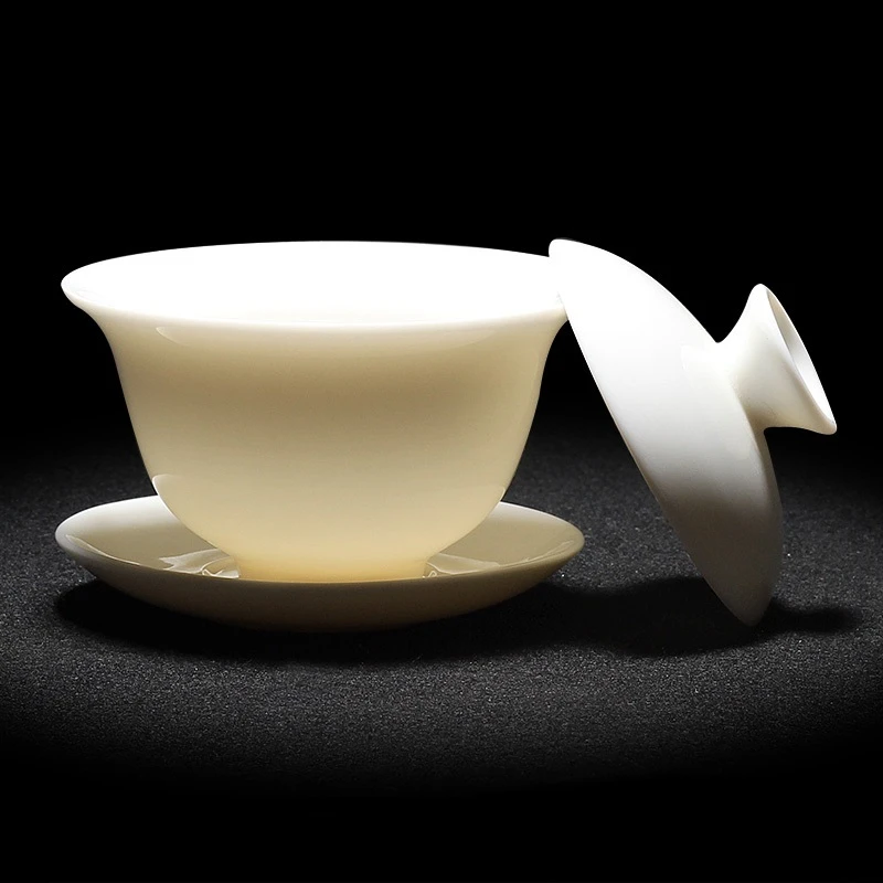 白瓷盖碗羊脂玉茶碗带盖单个三才碗泡茶具高白瓷茶杯功夫套装家用