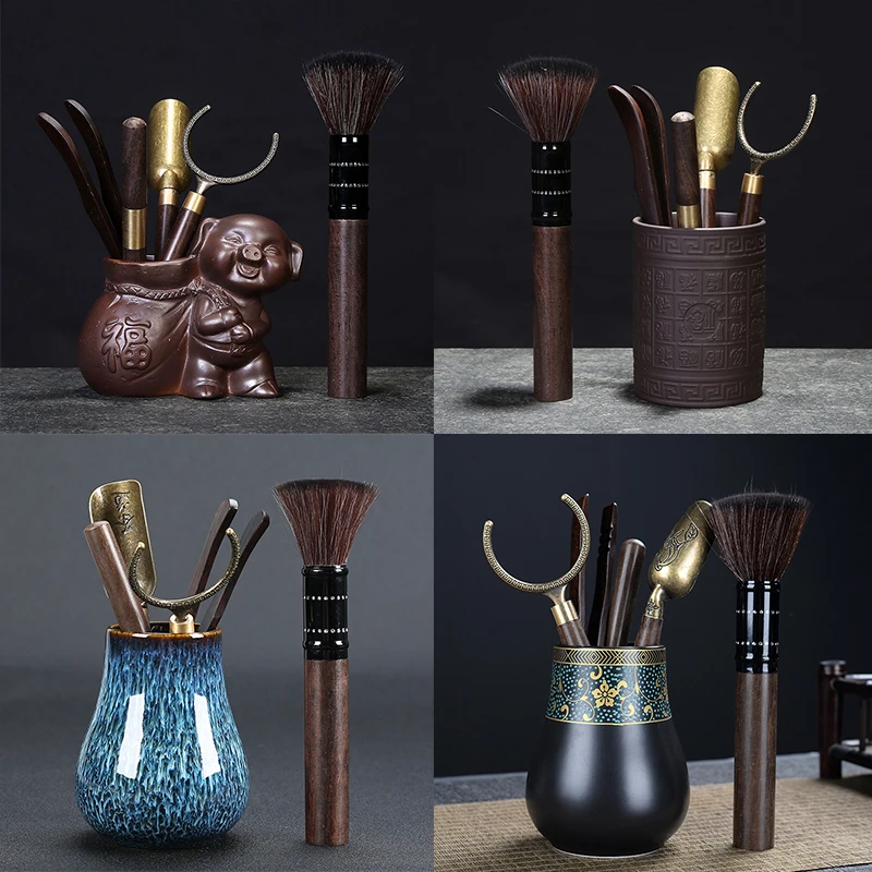 库存产品 茶道六君子茶具零配件黑檀喝茶用品茶夹刷子茶台桌摆件