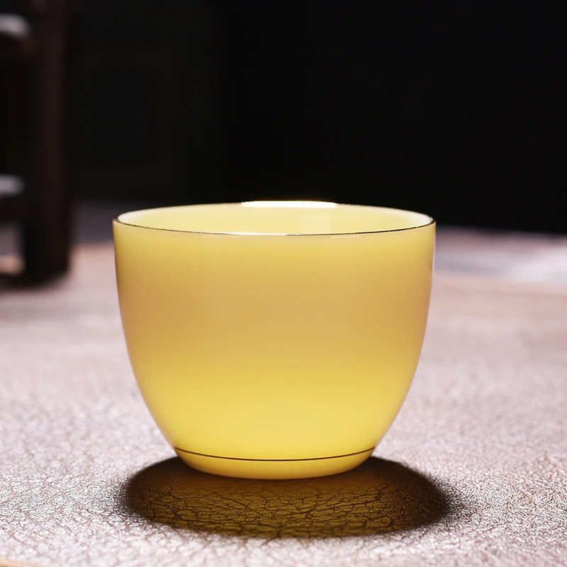 仁坤羊脂玉宝石黄茶杯功夫茶杯家用品茗杯单个人专用茶盏碗主人杯