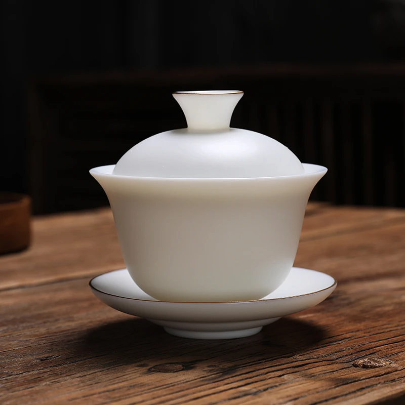 仁坤素烧羊脂玉瓷三才盖碗带盖泡茶杯单个茶碗茶具大号用品白色