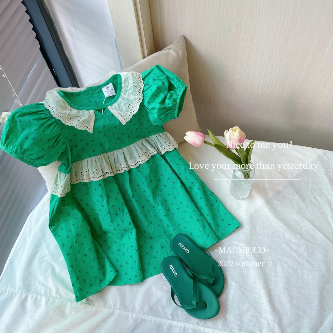 【孤品清仓80】夏季女童复古森系白色镂空领碎花泡泡袖公主裙35890