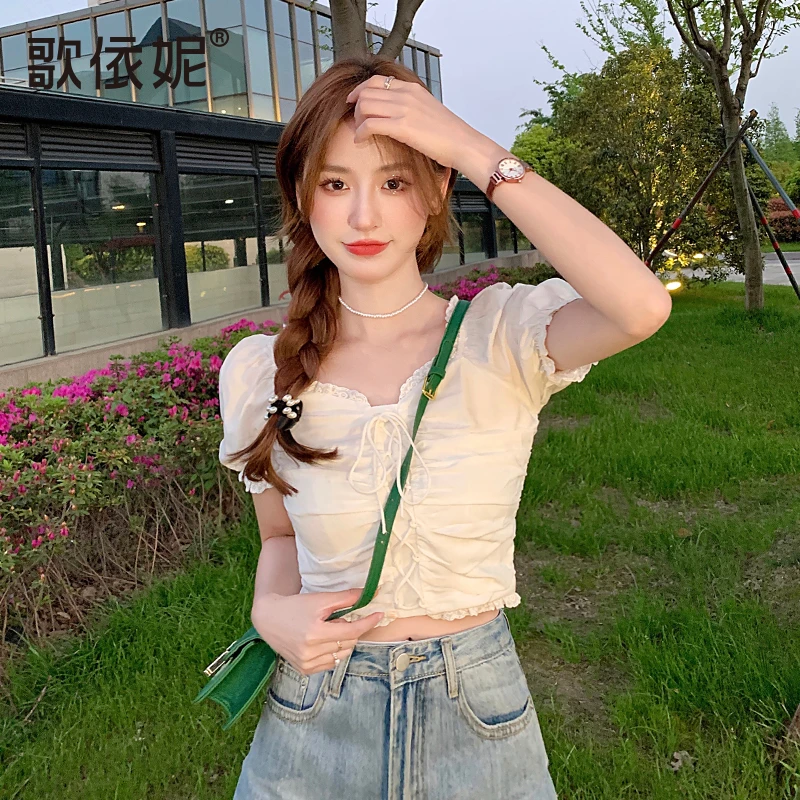 歌依妮短款雪纺衫女短袖t恤夏季2025年新款洋气小衫甜辣方领上衣