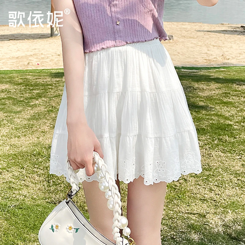 歌依妮白色短裙女夏季2024新款高腰显瘦a字甜美小个子雪纺半身裙