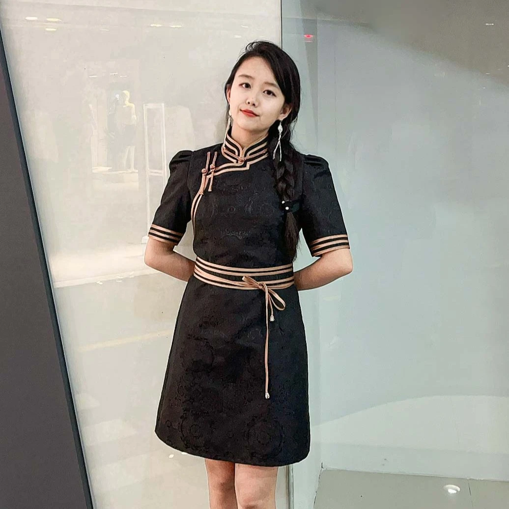 蒙古元素 新中式缎面半袖连衣裙 修身亲肤国风气质复古