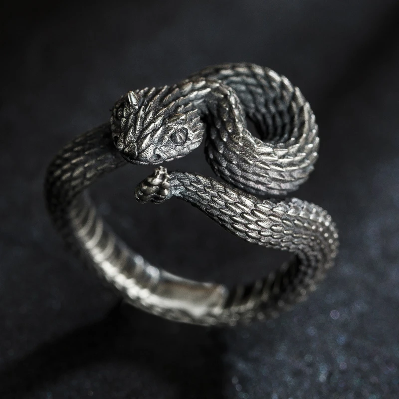 艾得莱德 925银戒指 925纯银蛇形戒指活口可调手工做旧银制指环