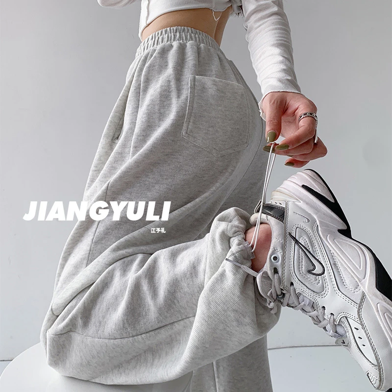 ins辣妹宽松运动裤女抽绳显瘦束脚裤高腰休闲直筒卫裤透气时尚