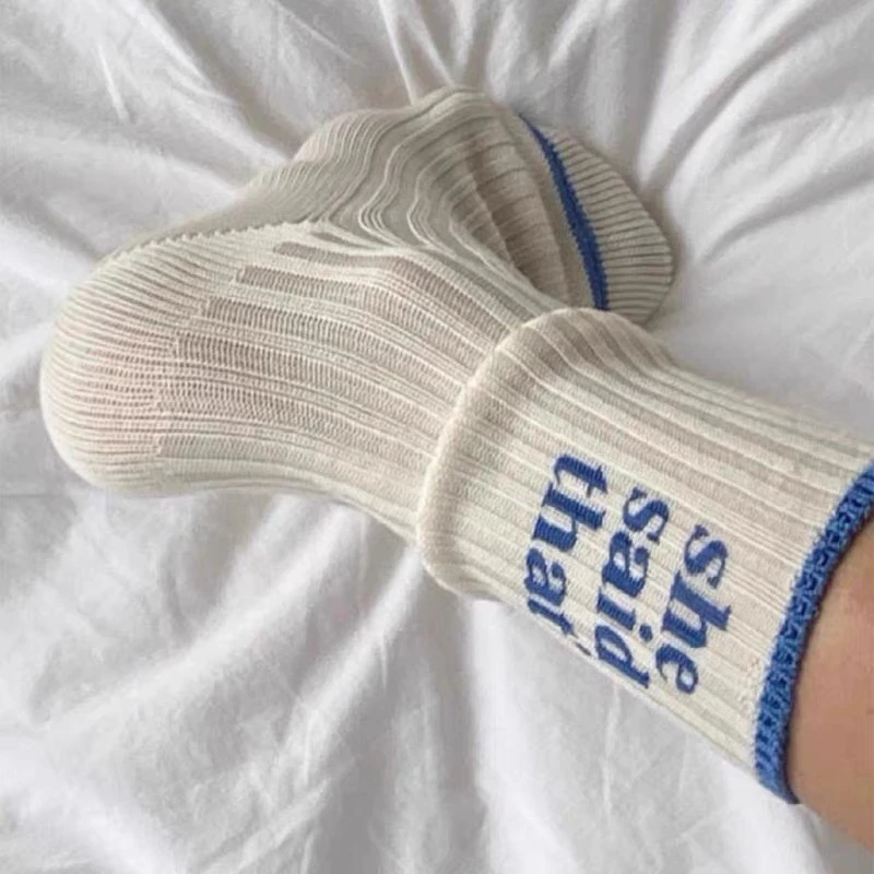 韩国潮牌shesaidthat字母袜 米白色袜子女中筒袜日系双针堆堆袜