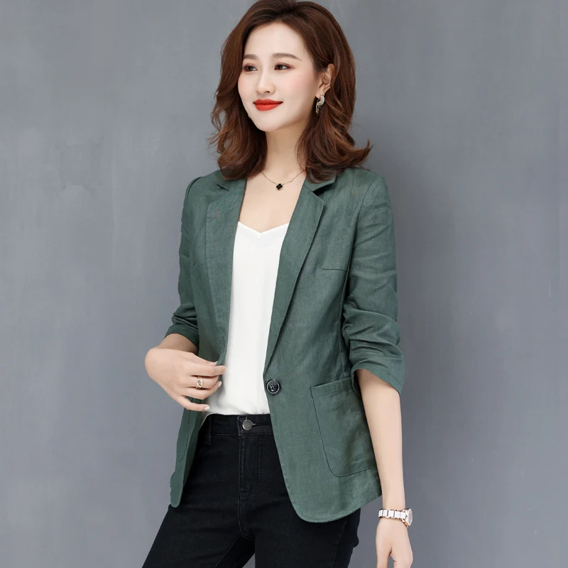 亚麻西装外套女2025年夏季新款薄款修身显瘦七分袖韩版棉麻单西服