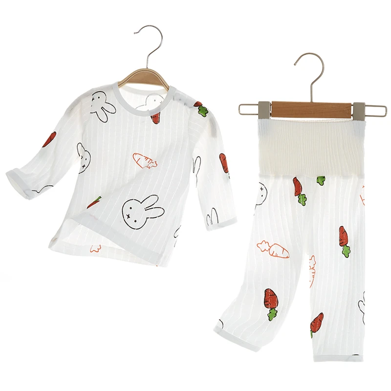 婴儿高腰护肚空调服套装宝宝夏季薄款长袖家居服睡衣网眼透气c065