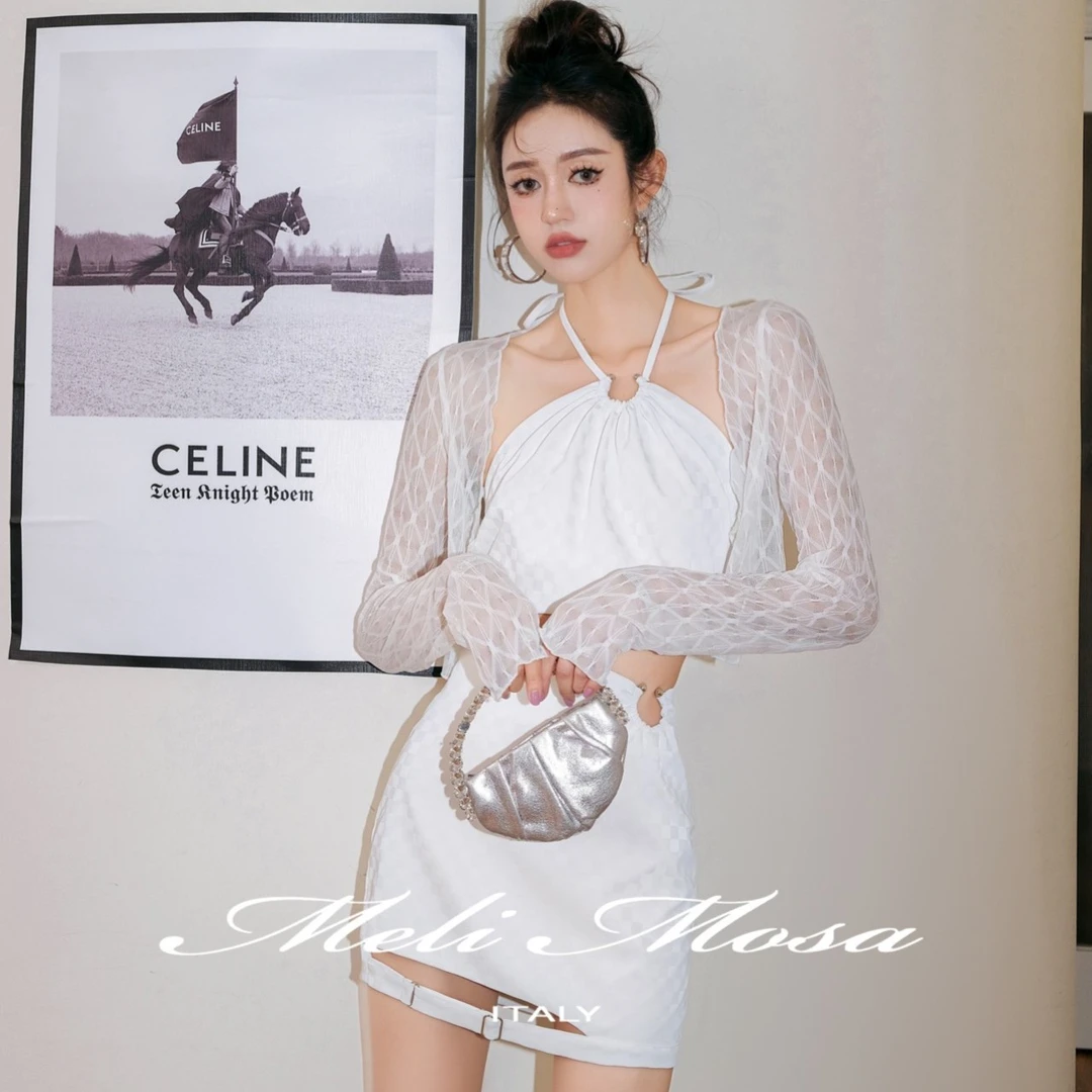 Meli Mosa蕾丝格纹三件套 长袖轻纱外搭挂脖吊带直筒短裙性感镂空