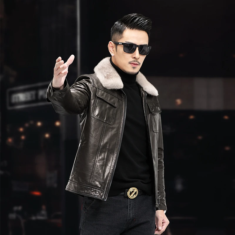 海宁真皮皮衣男士山羊皮可脱卸羽绒内胆水貂毛领冬季款加厚外套